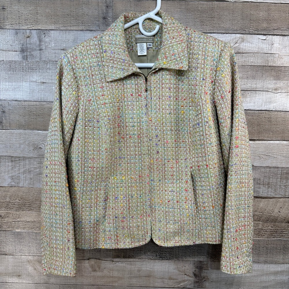 Coldwater Creek Beige Multi Color Thread Tweed Zip Front Blazer Women's Size 10